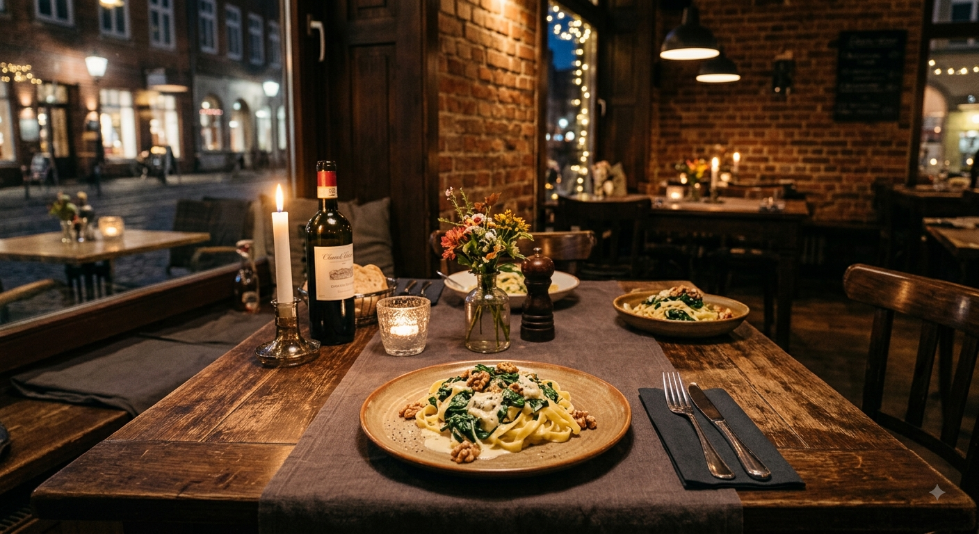 Gedeckter Tisch mit Blumen und Kerze am Abend